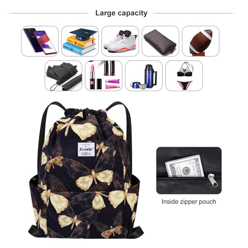 XEYOU Drawstring Backpack Bag Sport Gym Sackpack Beach Cinch Bag | Lightweight Swimming Bag, Water-Resistant Fabric, Travel Daypack for Women and Men - color: Butterfly