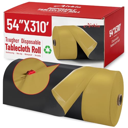 Plastic Table Cover Roll, 310 Ft X 54 In Table Cloth Disposable with Cutter | Black Gold Tablecloth Premium PEVA Plastic Table Cloth Disposable Roll with Cutter for Graduation Parties, Banquets, Dinners - color: Black and Gold, size: 3720" x 54" (Rectangu