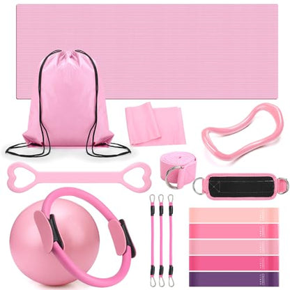 RoundFunny Set of 18 Pilates Ring Essential Kit for Women Pilates Ring and Ball Ankle Resistance Band Yoga Strap Socks Mat Arm Stretcher Latex Tube Gym Back Bag Exercise Equipment for Workout - color: Pink