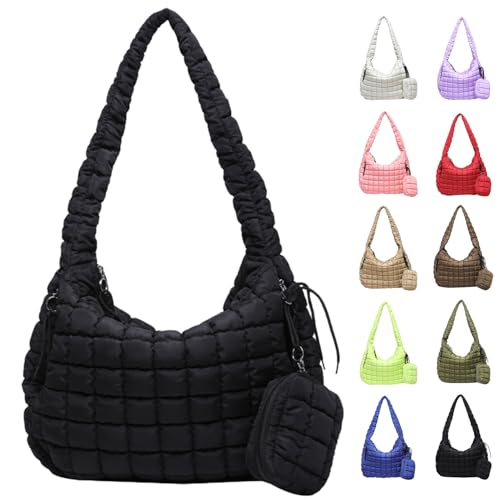 Puffer Tote Bag for Women, Large Quilted Puffer Bag with Pouch, Puffy Quilted Hobo Bag, Puff Crossbody Purse - color: 2-black