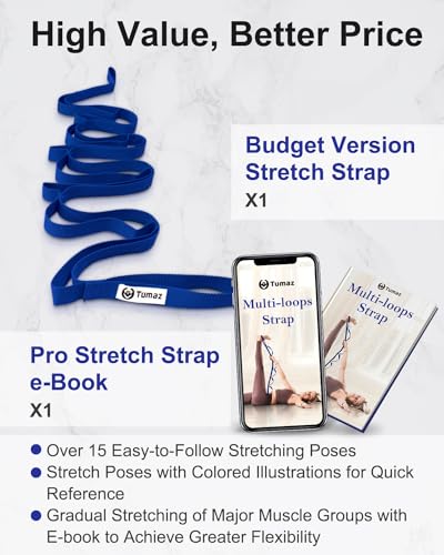 Tumaz Stretching Strap, 10-Loop Non-Elastic Yoga Strap | Designed for stretching, yoga, Pilates and rehab with 10 loops, durable webbing and a longer 79-inch design - color: Blue Lite
