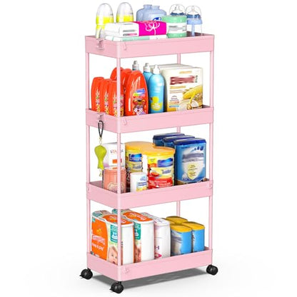 SPACEKEEPER 4 Tier Rolling Cart, Bathroom Cart Organizer with Wheels, Pink - color: Pink, size: 4 Tier