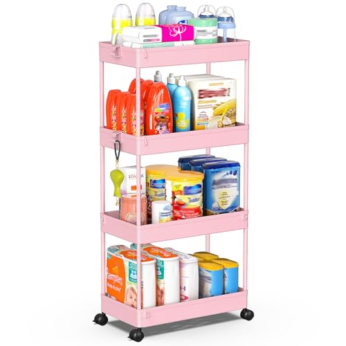 SPACEKEEPER 4 Tier Rolling Cart, Bathroom Cart Organizer with Wheels, Pink | Mobile Storage Cart for Laundry Room Organization,Kitchen,Office,Bathroom, Utility Cart for Snack,Craft,Art,Makeup,Nail,Toys - color: Pink, size: 4 Tier