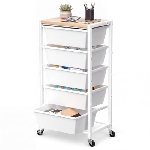 Rolling Cart with 5 Drawers, Plastic Drawer Storage Carts with Wheels & Wooden Tabletop, Metal Utility Cart for Office Bedroom Living Room Classroom, Craft Organization and Storage, White - color: White