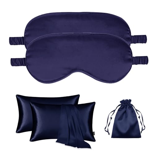 5Pcs Silky Sleep Mask Eye Masks Breathable Soft Satin Pillowcases Set for Sleeping Similar to Silk Pillowcase Travel Gift - color: Navy-queen Size