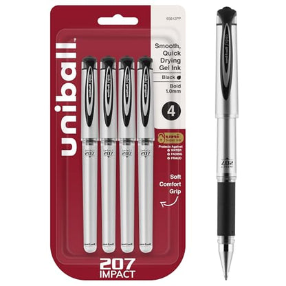 uni-ball Signo 207 Impact Stick Gel Pen, 4 Black Pens, 1.0mm Bold Point Gel Pens, Smooth Writing, Archival-Quality Ink, Acid-Free, Superior Comfort | Bold gel ink lay-down for pronounced lettering, fraud-resistant uni Super Ink, water & fade-resistant, co