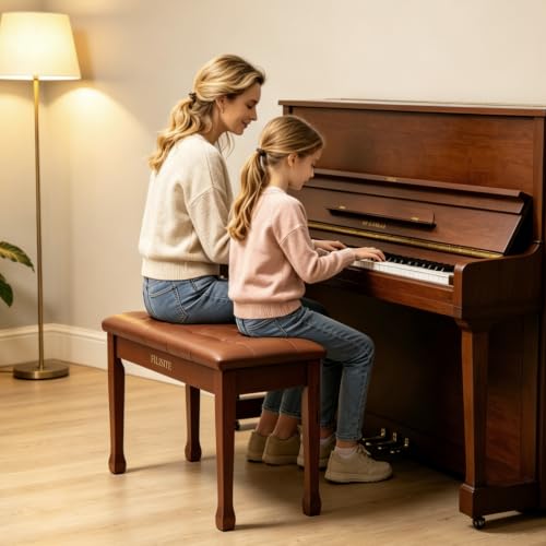 Duet Piano Bench with Storage, Wooden Piano Stool with Waterproof Padded Cushion, Bench Seat for Vanity, Living Room, Bedroom (Light Brown) - color: Duet-light Brown
