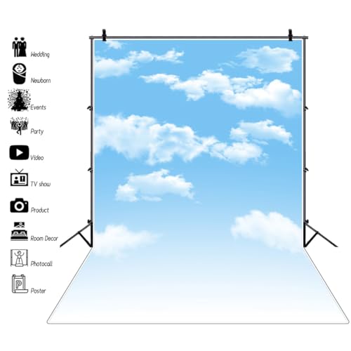 3x5ft Blue Sky and White Clouds Backdrop for Photography Vinyl Material | Clear Sky Photo Background Banner Airplane Theme Baby Newborn Birthday Cake Table Party Decorations Kid Portrait Studio Props - size: 3x5ft