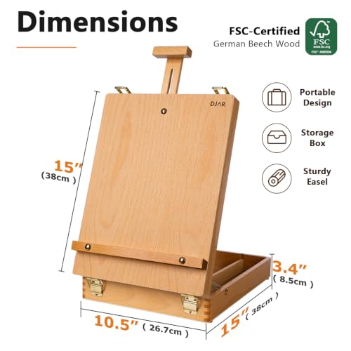 DJAR Tabletop Sketchbox Art Easel for Painting, Solid Beech Wood, Natural | Adjustable Desktop Art Stand with Storage Drawer, Portable Wooden Tool Box for Sketching, Drawing and Painting Supplies ﻿ - style: Tabletop Easel