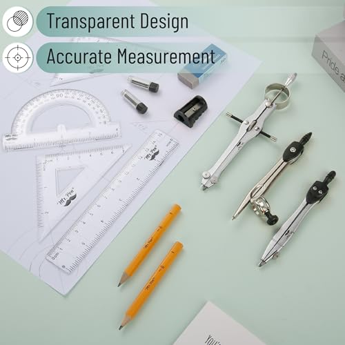 Mr. Pen- Geometry Set, 13 pcs, 3 Metal Compasses, Protractor, 6" Ruler | 45° & 30°/60° Set Squares, Pencils, Lead Refills, Sharpener & Eraser for Math, Drafting & Classroom Use - color: Black