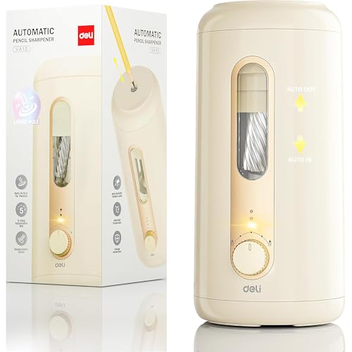 deli Electric Pencil Sharpener, Fully Automatic Pencil Sharpener, Beige | Suitable for 6.9-10.8mm Colored/Jumbo Pencils, Auto in & Out, Rechargeable Hands-Free Sharpener for Classroom Home Office， - color: Beige