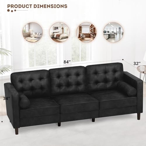 84 Inches Suede Leather Couch with Bolster Pillows, Black - color: Black, size: 84" Sofa