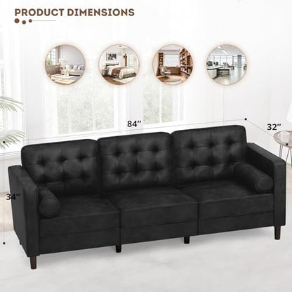 84 Inches Suede Leather Couch with Bolster Pillows, Black - color: Black, size: 84" Sofa