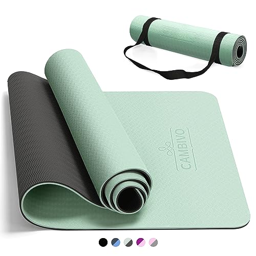 CAMBIVO Yoga Mat for Women Men Kids, 1/3 & 1/4 & 2/5 Inch Extra Thick Yoga Mat Non Slip, 72" x 24" TPE Yoga Mats, Workout Mat with Carrying Strap for Yoga, Pilates and Floor Exercises - color: Mint Green+Gray, size: 72*24*0.24 inch