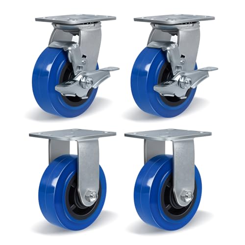 5'' X 2'' Casters, Heavy Duty Caster Wheels, Industrial Swivel Casters Set of 4 with Load 3200lbs, Polyurethane on Polyolefin Core with Roller Bearing (2 Brake & 2 Rigid) - style: 2 Brake & 2 Rigid