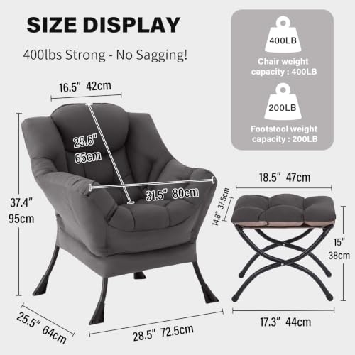 Tiita Lazy Chair with Ottoman, Comfy Reading Accent Chair, Dark Grey | Foldable Footrest, Padded Seat and Backrest, Side Pocket for Lounging in Living Rooms, Bedrooms, Dorms and Small Spaces - color: Dark Grey