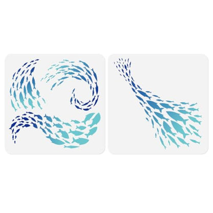 2 Pack School of Fish Ocean Animal Stencils for Painting 11.8 x 11.8 Inch Reusable Plastic Fish Sea Animal Stencils for Painting on Wall Wood Furniture Fabric Canvas, DIY Craft Stencil | 11.8" x 11.8" Plastic Craft Stencils, Fish Wall Stencils, DIY Home D