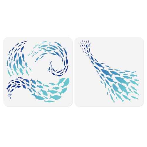 2 Pack School of Fish Ocean Animal Stencils for Painting 11.8 x 11.8 Inch Reusable Plastic Fish Sea Animal Stencils for Painting on Wall Wood Furniture Fabric Canvas, DIY Craft Stencil | 11.8" x 11.8" Plastic Craft Stencils, Fish Wall Stencils, DIY Home D