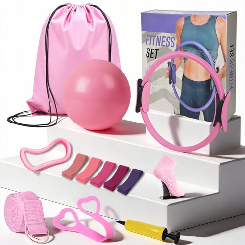 Uluck 13 PCS Pilates Kit for Women,Pilates Kit for Home Workouts, Pilates Equipment Ring and Ball Set, Home Pilates Workout Kit, Pilates Starter Kit for Women at Gym Studio Travel - color: Pale Pink