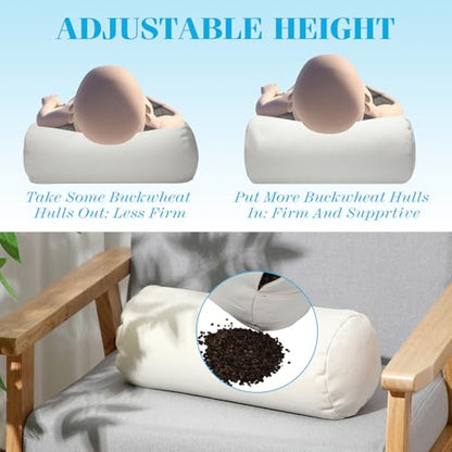 DoubleFill Buckwheat Pillow Cylinder Bolster Pillow to Provide Firm Support, Cervical Neck Roll Adjustable with Organic Pillowcase, Tartary Buckwheat Hulls