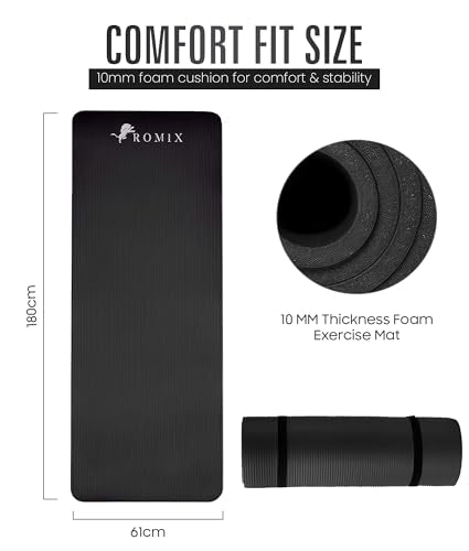 ROMIX Yoga Mat Thick 10Mm, Non-Slip Exercise Mat, 72 X 24 In, NBR - color: Black