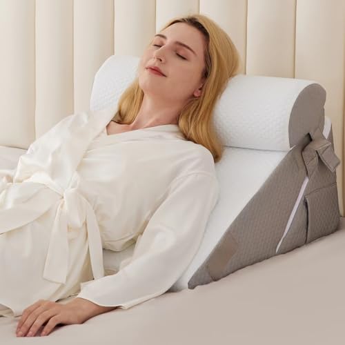 BIEEZZK Wedge Pillow Set for After Surgery, Wedge Pillow for Acid Reflux, Bed Wedge Pillow with Adjustable 9&12inch for Headboard,Sleeping, Orthopedic Memory Foam for Neck&Back Support, White/Grey - color: White/Grey, size: Adjustable Wedge+1 Pillow
