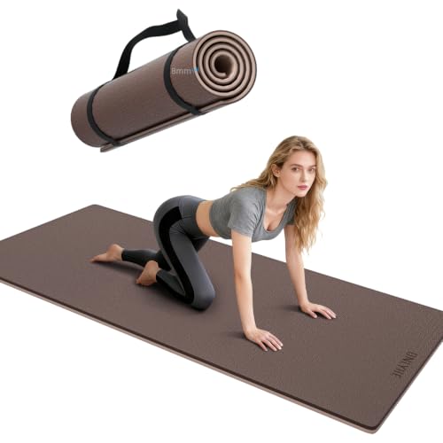 Yoga Mat Thick（8mm）Exercise Mat Non Slip Anti-tear,Pilates Mat for Men and Women,Workout Mats for Home,Barefoot Workouts and Floor Exercise,with Carrier Strap(71"x 24" ) (Light coffee + apricot)