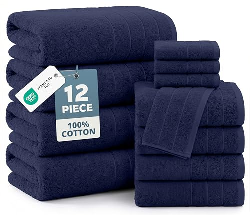 Casa Platino Bathroom Towel Set 12 Piece Soft Absorbent Quick Dry - Navy | Bath Towel Sets For Bathroom - Coordinated Colors, Dobby Border Accent, OEKO-TEX Certified, Ring-Spun Durability - color: 05: Navy Blue, size: 12 Piece Towel Set
