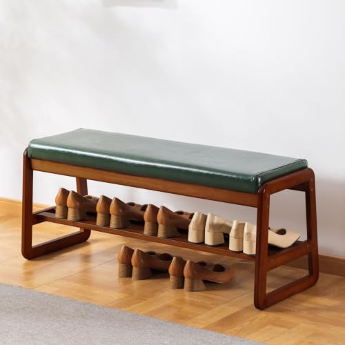 SOBIBO Solid Wood Shoe Bench, 2-Tier Wooden Entryway Bench, Modern Shoe Rack with Faux Leather Cushion for Hallway, Living Room (Green, 39.4'') - color: Green, size: 39.4 inches