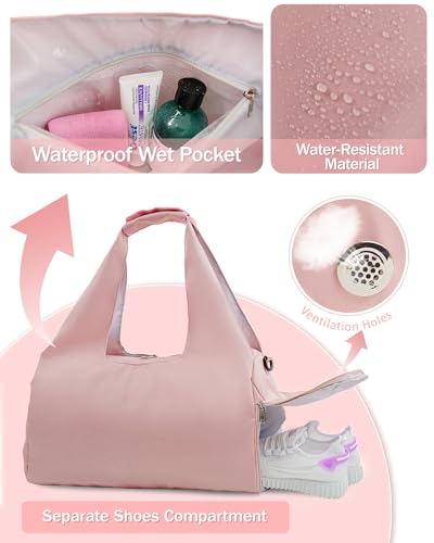 RHDZO Gym Bag for Women with Shoe and Wet Compartments, Yoga Mat Holder | Travel Duffel Bag with Water Bottle Holder, Weekend Overnight Bag for Workout Sport Dance Pilate, Detachable Shoulder Strap - color: Pink