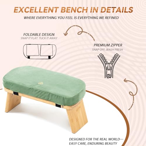 Bamboo Meditation Bench, Foldable Prayer Stool (Green) | Meditation Kneeling Bench, Seiza Prayer Bench, Prayer Bench with Meditation Cushion, Kneeling Prayer Stool for Home - color: Green