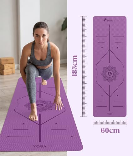 ROMIX Pro Yoga Mat With Alignment Lines, 6Mm Thick Non-Slip Exercise Mat | 72 x 24 In TPE Large Pilates Mat For Home Workout, Stretching, Training, Meditation, Carry Bag Included For Women And Men - color: Purple