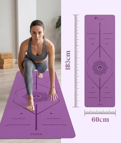 ROMIX Pro Yoga Mat With Alignment Lines, 6Mm Thick Non-Slip Exercise Mat - color: Purple