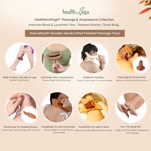 SoulGenie HealthAndYoga™ NatureSooth Wooden Massage Roller – Wood Therapy Massage Tools – Handheld Calf and Leg Massager, Back and Shoulder Massager and Full Body Massager