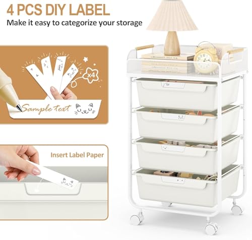 SYKIARIOL 4-Drawer Rolling Storage Cart with Mesh Top,White | Utility Craft Organizer Cart on Wheels with 4 DIY Labels, Rolling Drawer Cart for Home Office Classroom Bedroom - color: Cream White