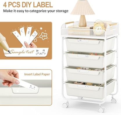 SYKIARIOL 4-Drawer Rolling Storage Cart with Mesh Top,White | Utility Craft Organizer Cart on Wheels with 4 DIY Labels, Rolling Drawer Cart for Home Office Classroom Bedroom - color: Cream White