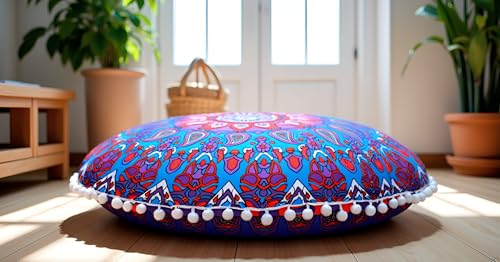 CRAFT KALA 22" Round Boho Floral Floor Pillow Cover, Purple, 22" Diameter, Cotton Fabric, Soft, Indoor Use, Washable - color: Purple Flower, size: 22"