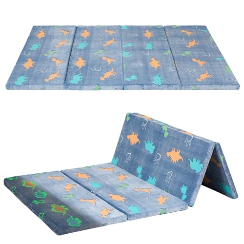 MeMoreCool Kids Floor Mattress, 48x72 Inch Foldable Play Mat, Dinosaur | Dinosaur 4x6 ft foam tatami futon mat, foldable kids sleeping mat for playroom floor play - color: Denim Dinosaur