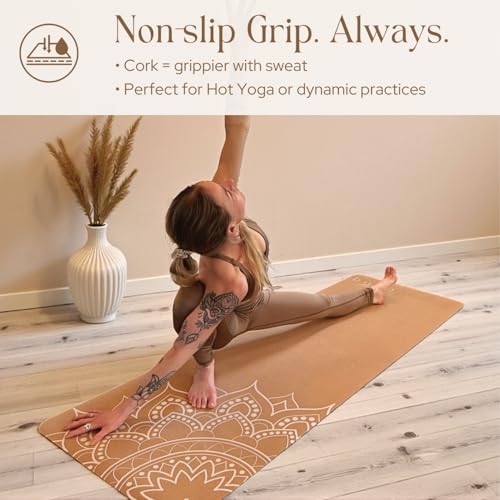 Designer Cork Yoga Mat – Signature Aesthetics on Quality Portuguese Cork with 5mm Solid Tree Rubber Base for Lasting Stability – Non Slip Grip, Odor Free and Non Toxic - color: Offset Mandala