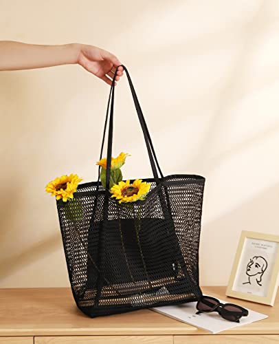 Iioscre Beach Bag for Women, Causal Hobo Handbags with Zipper Inner Pocket - color: Black