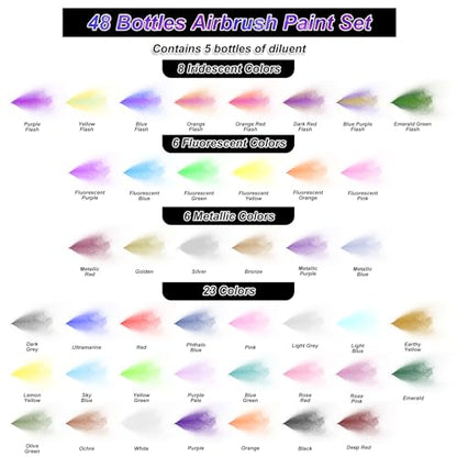 HOMY ARTY Airbrush Paint - 43 Colors with 5 Thinner | Ready to Spray Airbrush Paint Set, Water-Based Acrylic Air Brush Paints for Metal, Plastic Models, Canvas, Wood - 48 Bottles - color: 43 Colors with 5 Thinner