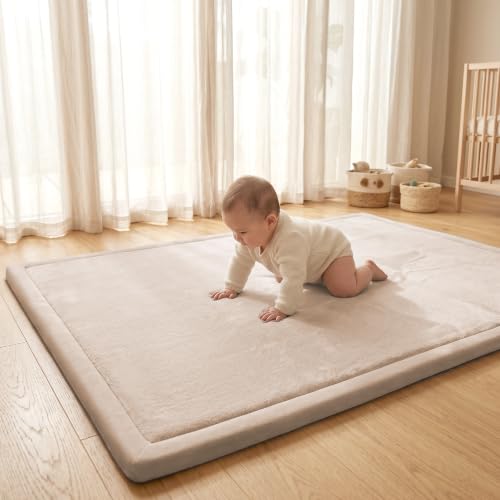 ACOMOPACK Baby Play Mat for Floor 1.3" Thick Memory Foam Play Mat 39"×59" Tummy Time Crawling with Non-slip Bottom for Living Room,Nursery,Soft Velvet Playpen Mats for Kids,Infants（Beige） - color: Beige, size: 39"×59"