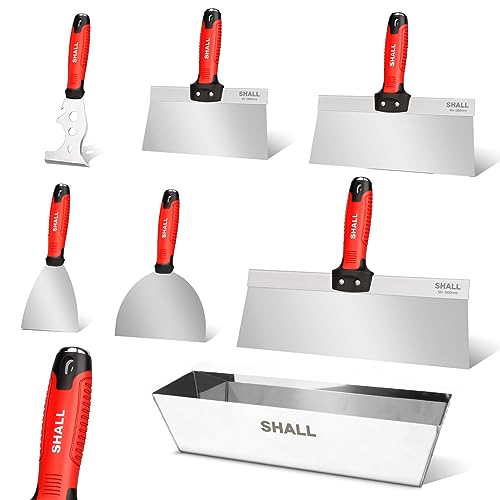 SHALL Drywall Tool Kit, 7 Pcs Stainless Steel Set Includes Putty Knife, Taping Knife, Painter Scraper Tool & 12" Mud Pan for Joint Taping, Finishing, Patching