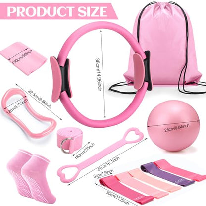 RoundFunny Pilates Ring Circle Set 18 Pcs Exercise Equipment Accessories for Women Workouts Pilates Ball Stretching Strap Magic Circle Yoga Ring Gym Back Bag Resistance Band Anti Slip Socks - color: Pink