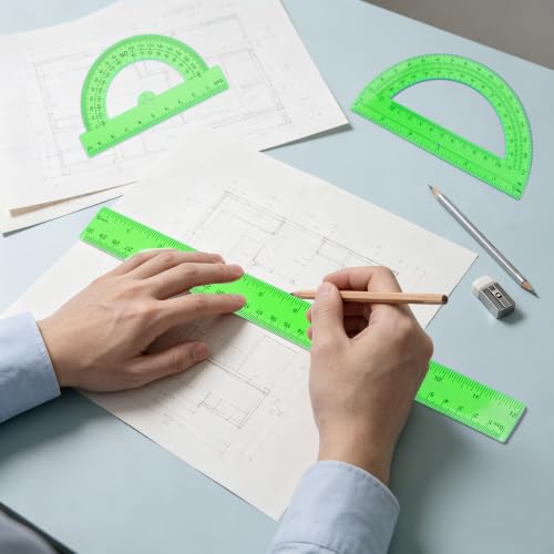 Plastic Clear Ruler Math Set - 6'' 12'' Transparent Straight Ruler, 4'' 6'' Protractor, 30/60 & 45/90 Triangle Ruler, Geometry Math Measuring Tool for School Home Office Drawing Teachers Kids Green - color: Green