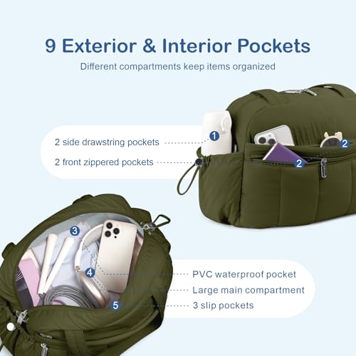 TOPDesign Travel Duffel Bag for Women, Puffer Gym Bag Sports Tote with Wet Pocket, Carry On Weekender with Luggage Sleeve (Dark Green) - color: Dark Green