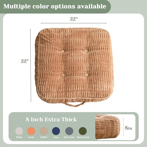 HIGOGOGO 8" Floor Pillow Cushion for Adults, Meditation Cushion Pillow, Blended Corduroy Cover, Large Square Floor Sitting for Tatami Living Room or Yoga, 22x22 Inch, Coffee - color: Square Coffee, size: 8" Thick(Pack of 1)