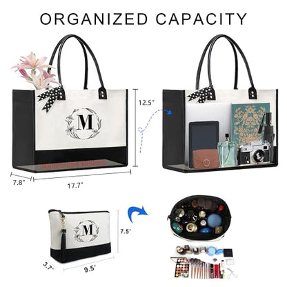 BeeGreen Embroidery Monogram Initial Tote Bag for Women Teacher Mom Friend Personalized Gift for Birthday Beach Work Wedding - color: White Lily, style: M