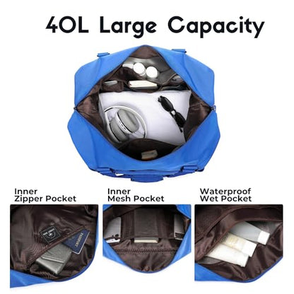 SUNNY BIRD Duffel with Utility Pouch, 40L Weekender Overnight Bag with Shoe Compartment for Travel and Sports (Blue) - color: Blue