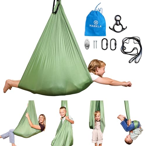 Harkla Sensory Swing for Kids & Adults, Holds 300lbs, Indoor Swing | Hug Like Calming Effect and Durable Soft Stretch Fabric - Easy Assembly, Heavy Duty Hardware and 3rd Party Tested - color: Green, size: 110" Swing + No Swivel